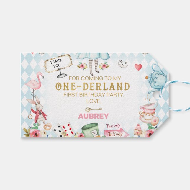 Étiquettes-cadeau Blue Diamond Gold Alice Un derland 1er anniversair (Devant (Horizontal))
