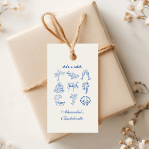 Étiquettes-cadeau Blue Doodle Tropical C'est une Bachelorette Catch