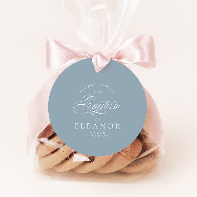 Étiquettes Cadeau Blue Elegant Calligraphie Baptême Merci (Créateur téléchargé)
