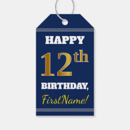 Étiquettes-cadeau Blue, Faux Gold 12e anniversaire + Nom personnalis