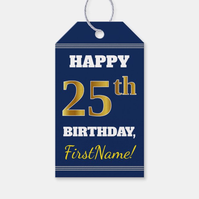 Étiquettes-cadeau Blue, Faux Gold 25e anniversaire + Nom personnalis (Devant)