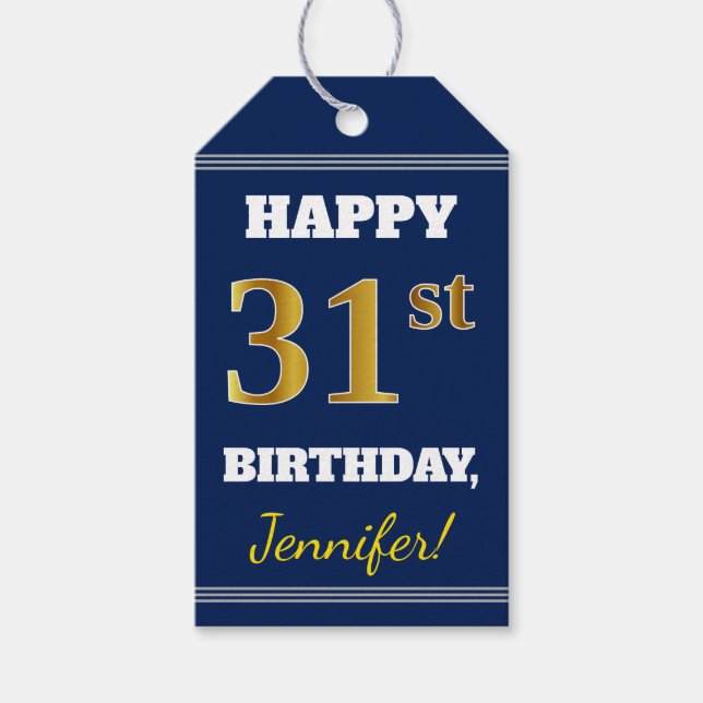 Étiquettes-cadeau Blue, Faux Gold 31e anniversaire + Nom personnalis (Devant)
