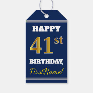 Étiquettes-cadeau Blue, Faux Gold 41e anniversaire + Nom personnalis
