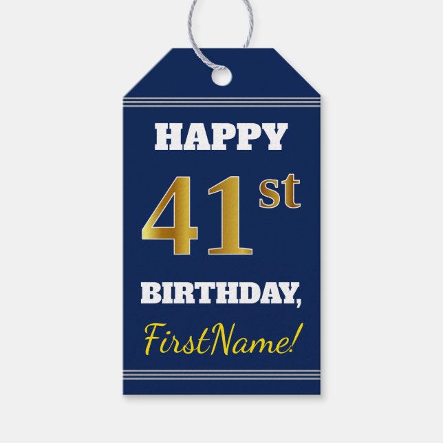 Étiquettes-cadeau Blue, Faux Gold 41e anniversaire + Nom personnalis (Devant)