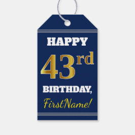 Étiquettes-cadeau Blue, Faux Gold 43ème anniversaire + Nom personnal