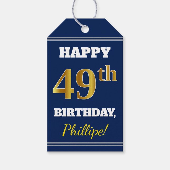 Étiquettes-cadeau Blue, Faux Gold 49e anniversaire + Nom personnalis (Devant)