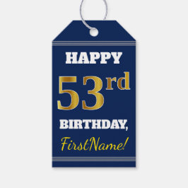 Étiquettes-cadeau Blue, Faux Gold 53e anniversaire + Nom personnalis