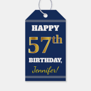 Étiquettes-cadeau Blue, Faux Gold 57th Birthday + Nom personnalisé