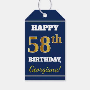 Étiquettes-cadeau Blue, Faux Gold 58e anniversaire + Nom personnalis