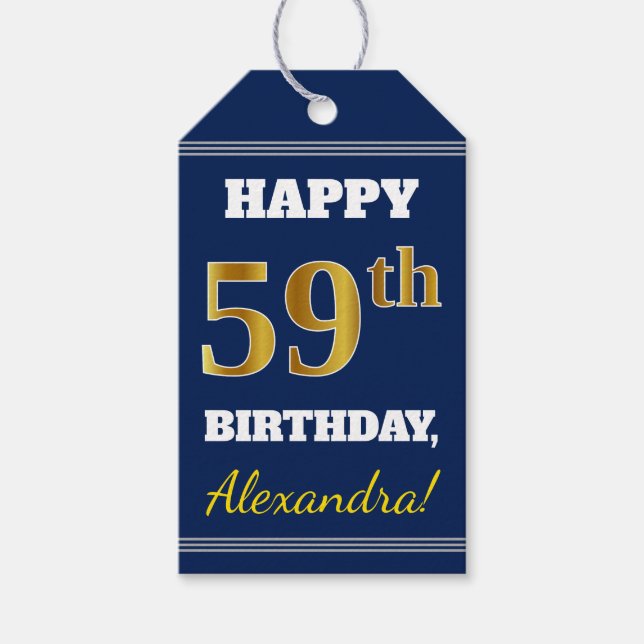 Étiquettes-cadeau Blue, Faux Gold 59e anniversaire + Nom personnalis (Devant)