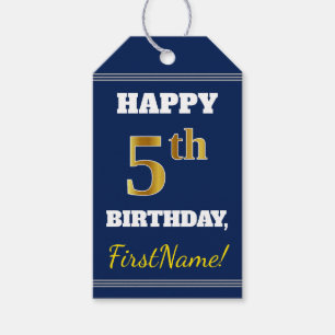 Étiquettes-cadeau Blue, Faux Gold 5e anniversaire + Nom personnalisé