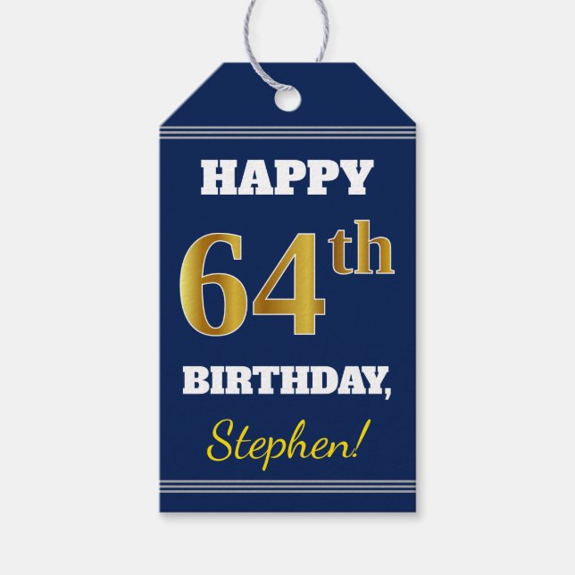 Étiquettes-cadeau Blue, Faux Gold 64e anniversaire + Nom personnalis (Devant)
