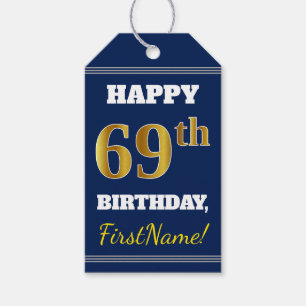 Étiquettes-cadeau Blue, Faux Gold 69e anniversaire + Nom personnalis