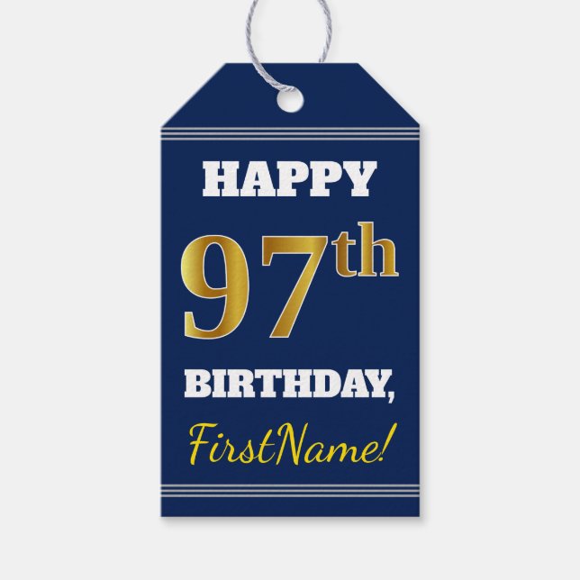 Étiquettes-cadeau Blue, Faux Gold 97e anniversaire + Nom personnalis (Devant)