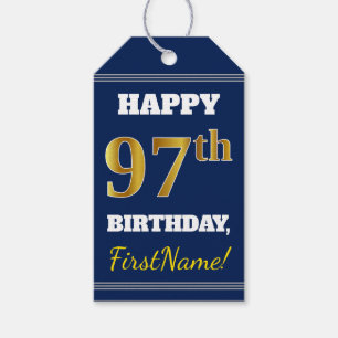 Étiquettes-cadeau Blue, Faux Gold 97th Birthday + Custom Name