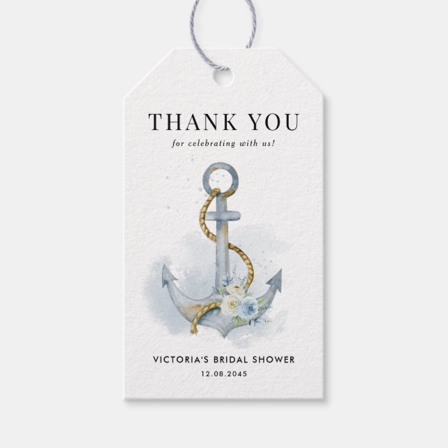 Étiquettes-cadeau Blue Floral Anchor Nautical Bridal Shower (Devant)