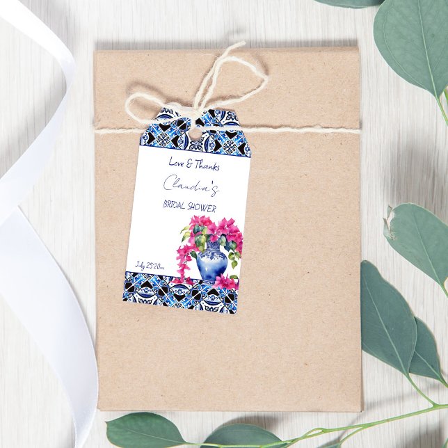 Étiquettes-cadeau Blue French Tiles Bougainvillea merci pour (Blue French Tiles Bougainvillea Mediterranean themed bridal shower thank you favor Tags)