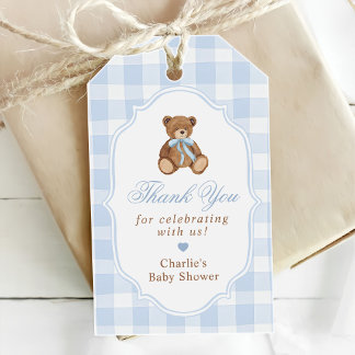 Étiquettes-cadeau Blue Gingham Elegant Teddy Bear Baby Shower