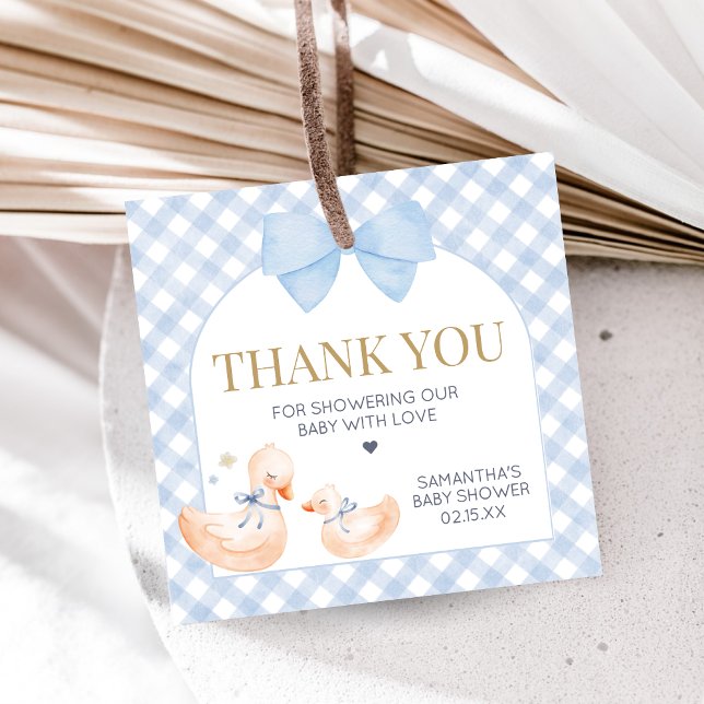 Étiquettes Cadeau Blue Gingham Silly Goose Baby Shower (Little Silly Goose Baby Shower Favor Tags)