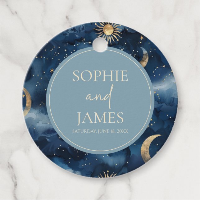 Étiquettes Cadeau Blue Gold Elegant Celestial Starry Sky Wedding (Devant)