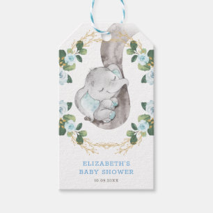 Étiquettes-cadeau Blue Gold Floral Jungle Eléphant Douche Anniversai