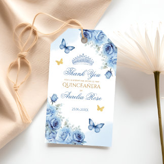 Étiquettes-cadeau Blue Gold Floral Quinceanera Favoriser Merci Cadea