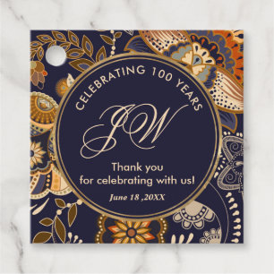Étiquettes Cadeau Blue Gold Paisley Motif 100e anniversaire Merci