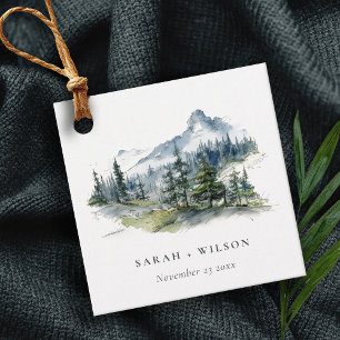 Étiquettes Cadeau Blue Green Woods Mountain Paysage Mariage de croqu