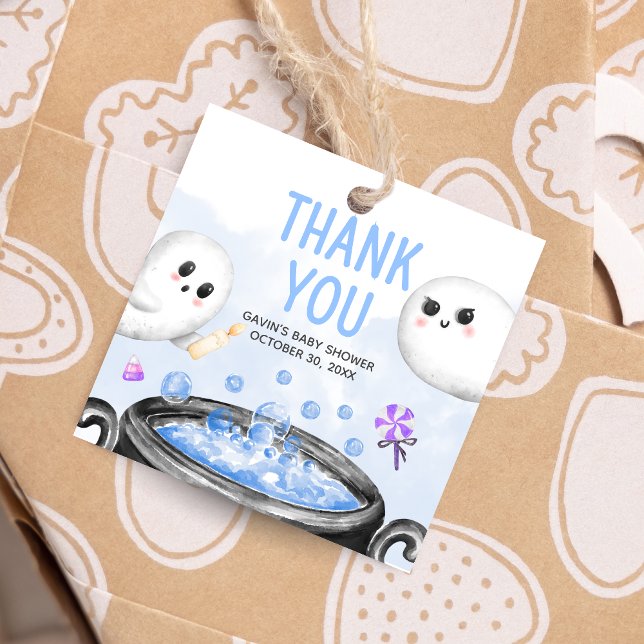 Étiquettes Cadeau Blue Halloween C'est un garçon Carré Baby shower (Oh Sheet It's a Boo-y Halloween Baby Shower Square Favor Tags)