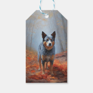 Étiquettes-cadeau Blue Heeler dans les feuilles d'automne automne au