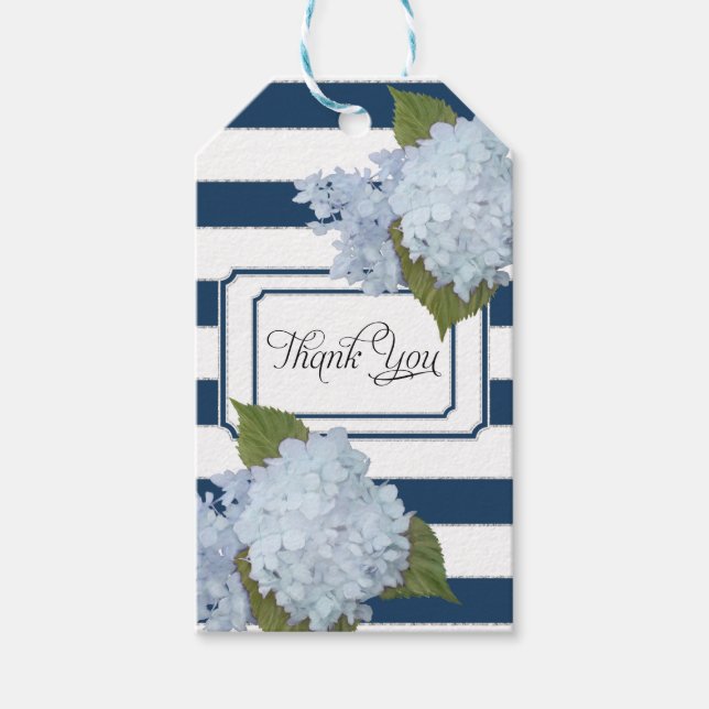 Étiquettes-cadeau Blue Hydrangea Floral Moderne Élégant Marine rayé (Devant)