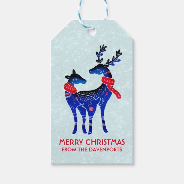 Étiquettes-cadeau Blue Nordic Christmas Reindeer Pair (Devant)