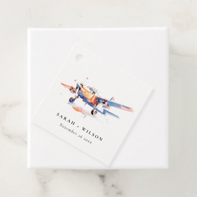 Étiquettes Cadeau Blue Orange Blush Aquarelle Air Plane Mariage (En situation)