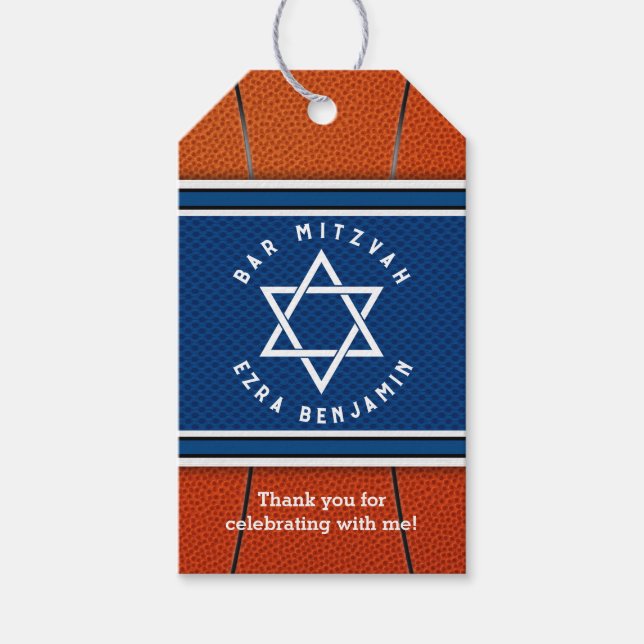 Étiquettes-cadeau Blue Orange Jersey Basket Bar Mitzvah (Devant)