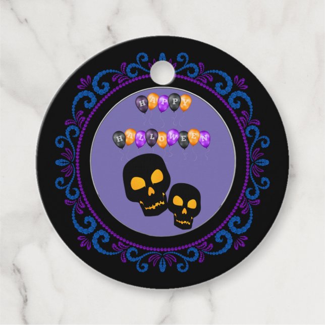 Étiquettes Cadeau Blue Purple Black Skuls Joyeux Ballons d'Halloween (Devant)