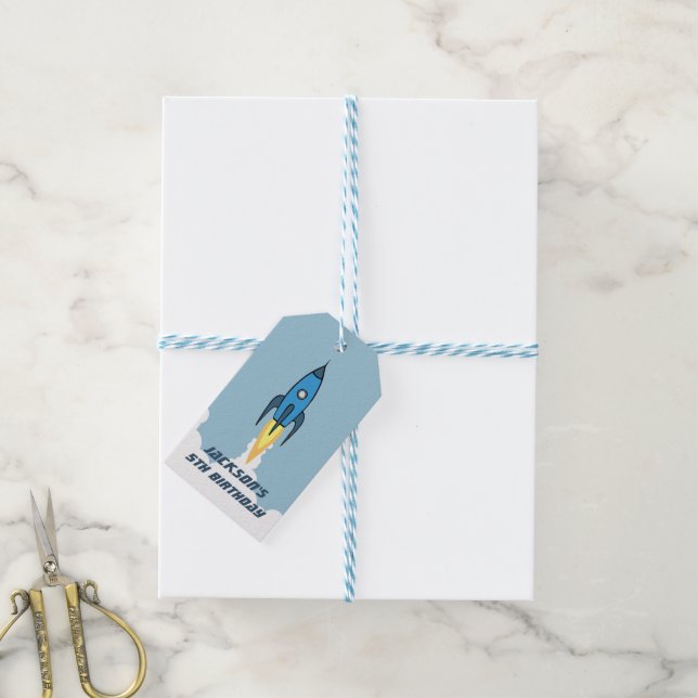 Étiquettes-cadeau Blue Retro Rocket Ship Personnalisé Anniversaire G (Avec de laficelle)