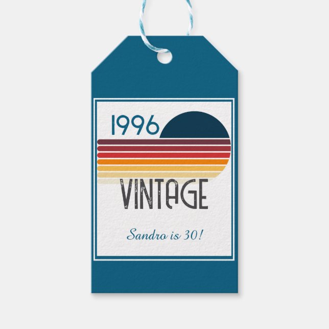 Étiquettes-cadeau Blue Retro Sun 1996 Photo 30th Birthday Stripe  (Devant)