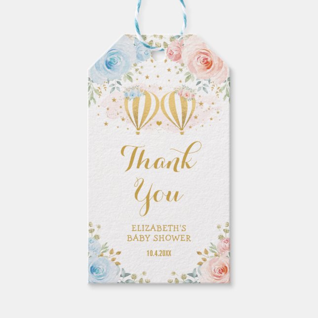 Étiquettes-cadeau Blue Rose Hot Air Balloon Floral Twin Baby shower (Devant)