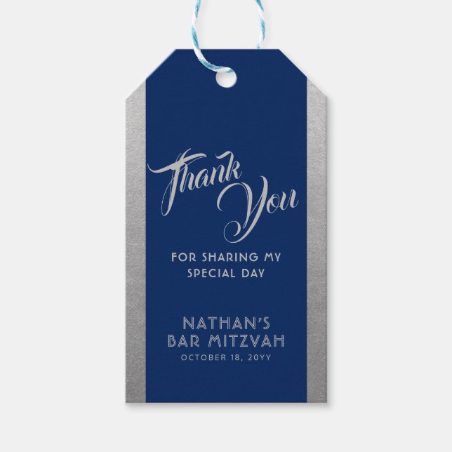 Étiquettes-cadeau Blue Silver Bar Mitzvah Favoriser le Merci (Devant)