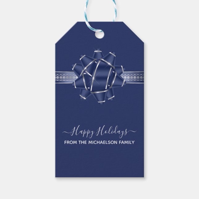 Étiquettes-cadeau Blue Silver Happy Holidays Bow Personnalisé (Devant)