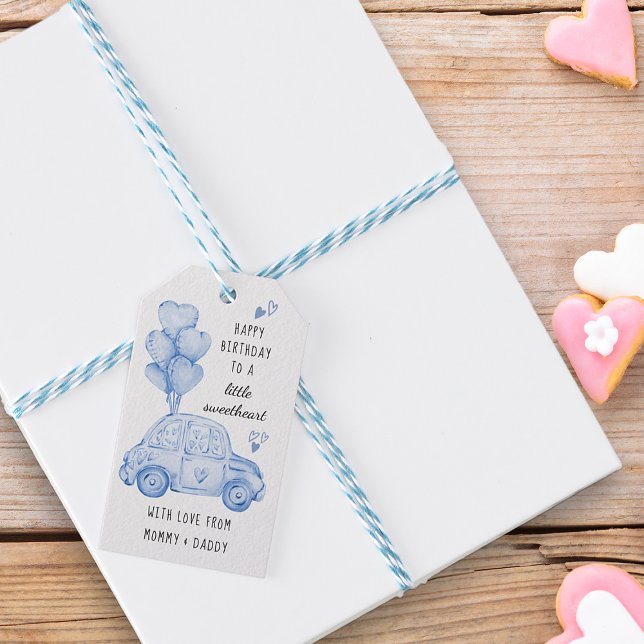 Étiquettes-cadeau Blue Valentines Thème Coeur Ballons et voiture (Gift Tags - from my Car and Balloons Valentine Birthday Collection)