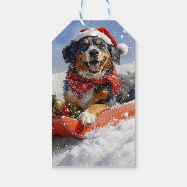 Étiquettes-cadeau Bluetick Coonhound Dog dans Sledge Noël (Devant)