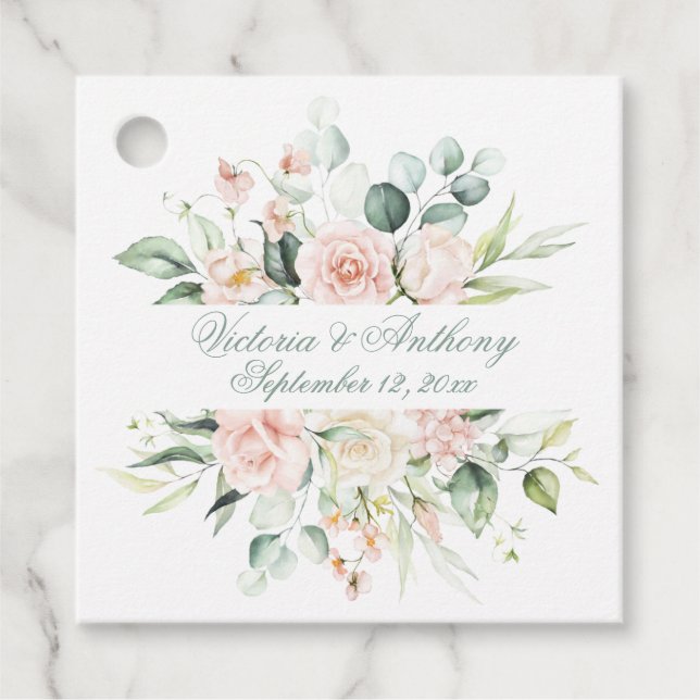 Étiquettes Cadeau Blush Floral Elegant Script Nom Mariage (Devant)