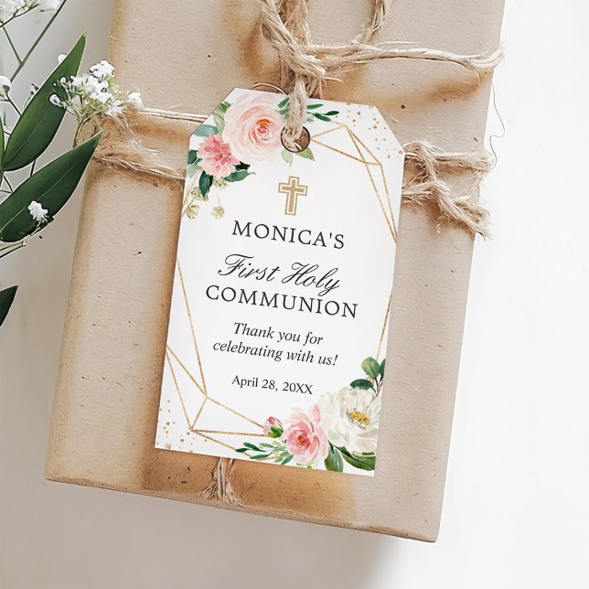 Étiquettes-cadeau Blush géométrique doré floral première communion (Créateur téléchargé)