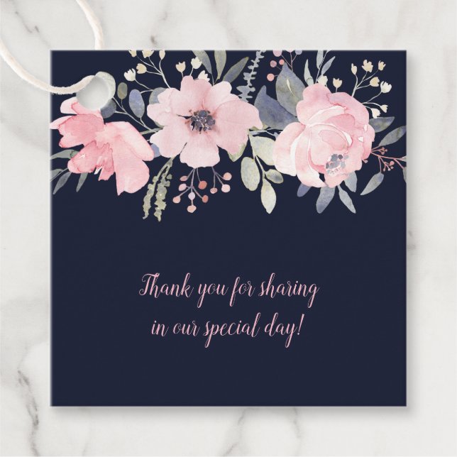 Étiquettes Cadeau Blush Pink et Navy Carré Mariage | (Devant)