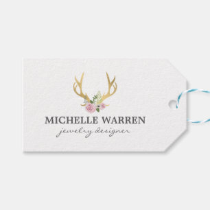 Étiquettes-cadeau Bohème Antlers en or avec Fleurs