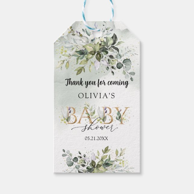 Étiquettes-cadeau Boho aquarelle vert lettres or Baby shower (Devant)