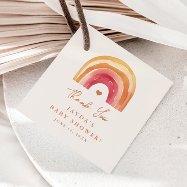 Étiquettes Cadeau Boho Arc-en-ciel Terracotta Baby shower Merci (Boho rainbow hand-painted watercolor baby shower thank you favor tag.)