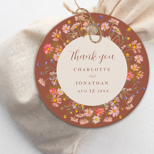 Étiquettes Cadeau Boho Automne Fleur sauvage Floral Mariage Merci (Boho Wildflower fall floral beige & terracotta custom Wedding thank you favor tag Elegant script)