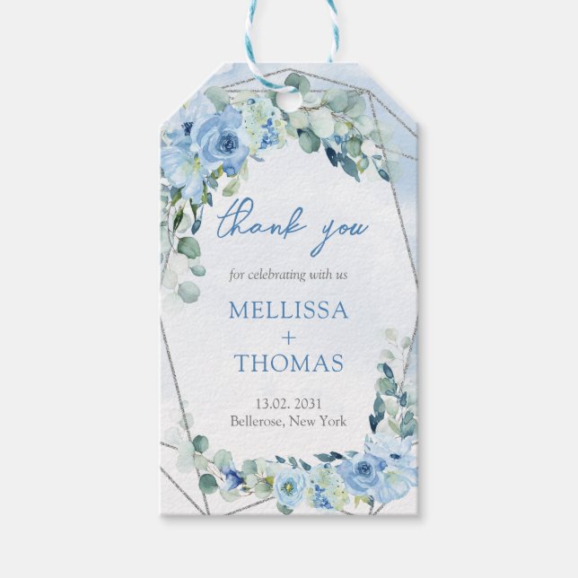 Étiquettes-cadeau Boho bleu clair fleurs eucalyptus argent cadre (Devant)
